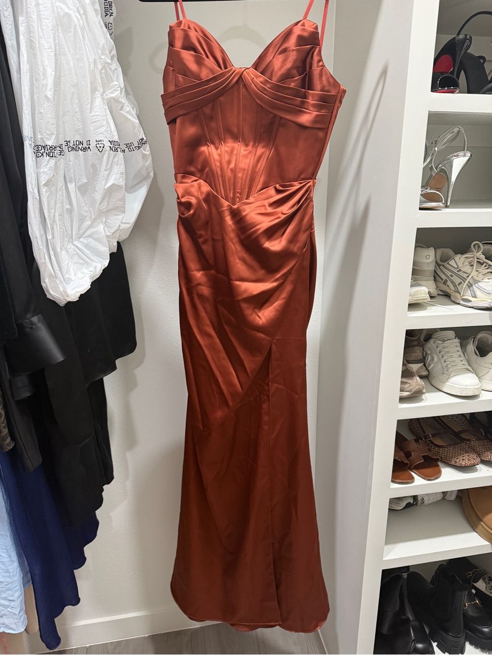Rust Satin Spaghetti-Strap Evening Dress